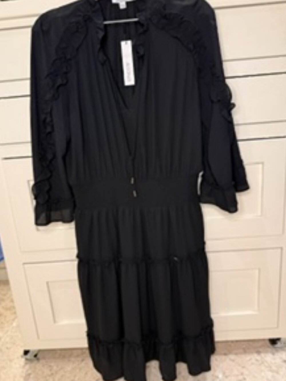 Chico's Black Rufle Sleeve Tiered Cinched Waist Lovg Sleeve Dress